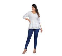 JG JAI GOVINDAM Indian Hand Embroidered Chikankari Cotton Short Top Tunic Kurti Shirt for Women (LARGE) White