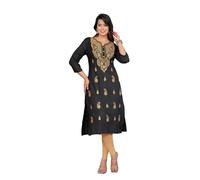 JG JAI GOVINDAM Indian Hand Embroidered Kurti for Women Chikankari Straight Cotton Long Kurti's Tunic Kurta Dreses for Women, Black Gold, S