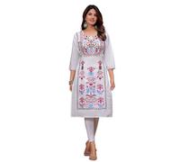 JG JAI GOVINDAM Indian Hand Embroidered Kurti for Women Chikankari Straight Cotton Long Kurti's Tunic Kurta Dreses for Women, Emb Pink, Large