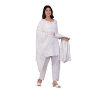 JG JAI GOVINDAM Indian Kurtis for Women Salwar Kameez Suit Set Indian Dresses Chikankari White Kurti Pant & Dupatta Set, White, 3XL