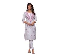 JG JAI GOVINDAM Indian Women's Cotton Embroidered White Kurti Kurta for Women Tunic Dresses for Women -(Pink-M)