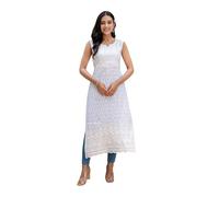 JG JAI GOVINDAM Pure Cotton Sleeveless Lucknowi Chikankari Kurtis For Women Indian Style X-Large Casual Long White Straight Kurti