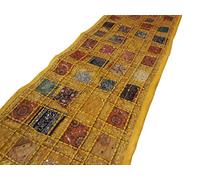 JGARTS Patchwork Embroidered Table Runner - Indian Sequin Cotton Boho Bohemian Hippie Patchwork Runner Tapestry Wall Hanging - Indian Decoration Tapestry Wedding Decor (16 X 72 Inch) (Yellow)