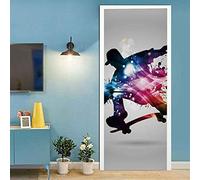 JGCAI 3D Door Mural Art Sticker Bedroom Living Room Interior Creative Door Stickers Skate Boy Art Decal Vinyl Wallpaper Self-Adhesive Poster Mural Kitchen Decor Sticker 77x200cm