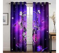 JGCAI Living Room Bedroom Eyelet Blackout Curtains Purple Butterfly Dream Catcher 3D Printing Polyester Winter Energy Saving Summer Sun Blocking Thermal Insulated Curtains For Indoor Office 150x166cm