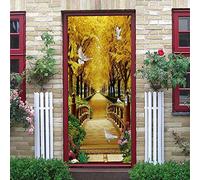 JGCAI Mural for Interior Doors 3D Wall Art Stickers White Dove Wooden Bridge in Yellow Woods Door Sticker Removable Self-Adhesive Wallpaper Poster for Kitchen Kids Bedrooms Creative PVC Door Decals 7