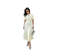 JGDSDMJG Dress Hollow Out Knitted Maix Dress Women Solid Short Sleeved Single Breasted Slim Dresses Elegant Female Commuting Robes-creamy-white-l