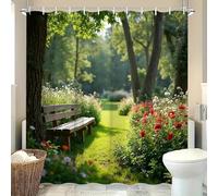 JGGXHM 1pc Shower Curtain - Serene Garden Path with a Wooden Bench Amidst Lush Greenery and Vibrant Flowers Perfect for Bathroom 30x76in-75x192cm/WxH