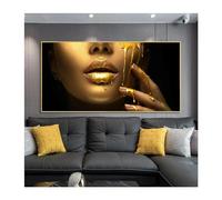 JGGXHM African Woman Gold Girl Face Canvas Paintings On The Wall Posters And Prints Gold Lips Wall Art Pictures Home Wall Decor -(25x50cm) 10x20in frameless