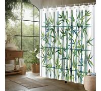 JGGXHM Bamboo Shower Curtain Watercolor Green Blue Leaves - Waterproof Polyester Fabrics Bathroom Curtains with Hooks Bath Screen 43x83inch/WxH