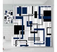 JGGXHM Fabric Geometric Shower Curtain, Mid-Century Modern Geometric Herringbone Chevron Blue Black Gray Square Bathroom Decor (85x210cm/WxH)