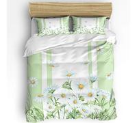 JGGXHM Summer Flowers Daisies Watercolor Green 3pcs Bedding Set for Double Bed Home Textile Duvet Cover Quilt Cover Pillowcase(135x200cm)