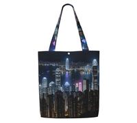 JGHHOUN Aerial Night Of View Hong Kong Print Canvas Shoulder Bag Large Capacity Reusable Foldable Tote Shopping Beach Travel