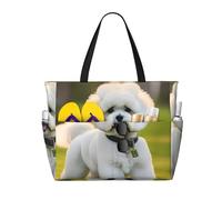 JGHHOUN Bichon Frise Dog On The Grass Print Lightweight Beach Travel Bag Women Men Foldable Tote For Vacation Weekend Camping