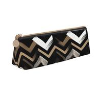 JGHHOUN Black White Tan Zigzag Print Higher Capacity Leather Pencil Case Zippered Pen Case School Students Teenagers