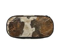 JGHHOUN Brown Cowhide Art Print Pencil Case Spacious Pen Pouch Zipper High Capacity Makeup Tools Office Supplies