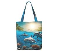 JGHHOUN Dolphins Sea Turtle Shark Octopus Coral Print Canvas Shoulder Bag Large Capacity Reusable Foldable Tote Shopping Beach Travel