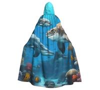 JGHHOUN Dolphins Sea Turtle Shark Octopus Coral Reef Print Hooded Cloak Cape For Adults Costume Accessory Carnival Cosplay Vampire Theme Party