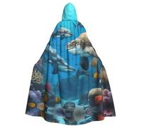 JGHHOUN Dolphins Sea Turtle Shark Octopus Coral Reef Print Unisex Halloween Hooded Cloak 185cm