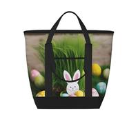 JGHHOUN Easter Egg Bunny Grass Wooden Print Tote Bag Large Capacity Insulated Shopping Beach Picnic Lunch Food Delivery Bags