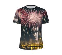 JGHHOUN Fireworks Pattern Print Men Short-Sleeved T-Shirt Breathable Lightweight Summer Fashion Gym Workout Casual Wear Black