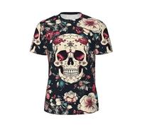 JGHHOUN Flowers Skull Ornamental Pattern Print Men Short-Sleeved T-Shirt Breathable Lightweight Summer Fashion Gym Workout Casual Wear Black