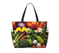 JGHHOUN Introduction Of Various Vegetables Print Lightweight Beach Travel Bag Women Men Foldable Tote For Vacation Weekend Camping