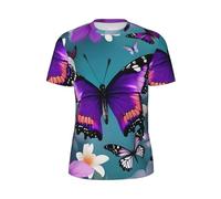 JGHHOUN Purple Butterfly and Flowers Print Men Short-Sleeved T-Shirt Breathable Lightweight Summer Fashion Gym Workout Casual Wear