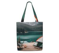 JGHHOUN Serenity Lake Camping Print Canvas Shoulder Bag Large Capacity Reusable Foldable Tote Shopping Beach Travel