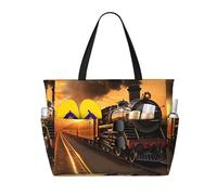 JGHHOUN Steam Train Print Lightweight Beach Travel Bag Women Men Foldable Tote For Vacation Weekend Camping