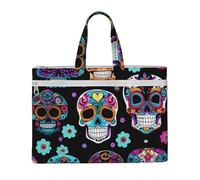 JGHHOUN Sugar Skull Print Lightweight Foldable Canvas Tote File Bag For Documents Office Supplies Work Travel