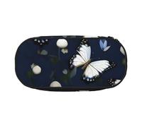 JGHHOUN White Blooms with Blue Butterflies Print Pencil Case Spacious Pen Pouch Zipper High Capacity Makeup Tools Office Supplies