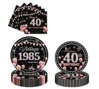JGIIIJLP 40th Birthday Decoration Tableware Set - 96 Pcs Rose Gold Tableware Paper Plates Napkins Party Decoration Supplies for Ladies Women Her Birthday Table Decor Gifts Dinnerware