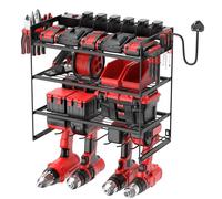 Jgstkcity Power Tool Organizer with 6 Way Extension Lead,4 Layer Wall Mount Drill Holder with 13A Multi Plug Switched Power Distribution Unit,4 Drills Storage Shelf Shop Garage Utility Rack,Black