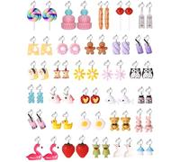 JGUF 30 Pairs Weird Funny Clip on Earrings Set for Women Girls Cute Mushroom Strawberry Daisy Donut Boba Food Animal Fun Clip Dangle Earrings for Teen Girls Funky Non Pierced Earrings for Women