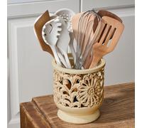 JH JIEMEI HOME Farmhouse Kitchen Utensil Holder for Countertop, Ceramic Large Cooking Crock with Cork Mat, Decorative Rustic Holder for Kitchen Counter, Hollow Carving Flower, Beige