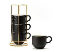 JH JIEMEI HOME Large Ceramic Coffee Mug Set of 4 with Stand, 15 Oz Stackable Different Embossment Ribbed Latte Cup Set for Cappuccino, Tea, Hot Cocoa, Drinks - Dishwasher & Microwave Safe, Black