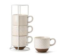 JH JIEMEI HOME Large Ceramic Coffee Mug Set of 4 with Stand, 15 Oz Stackable Different Embossment Ribbed Latte Cup Set for Cappuccino, Tea, Hot Cocoa, Drinks - Dishwasher & Microwave Safe, Off White