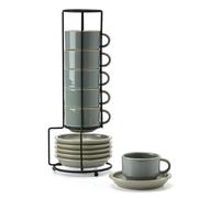 JH JIEMEI HOME Porcelain Stackable Espresso Cups with Saucers and Metal Stand, 4 Ounce Demitasse Cups for Specialty Coffee Drinks, Latte, Cafe Mocha Tea-Set of 6 Espresso Mugs, Reactive Glaze, Green