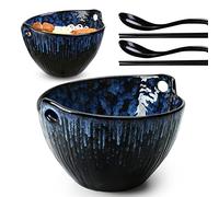 JH JIEMEI HOME Ramen Bowl with Chopsticks and Spoons Set, 7 Inch Ceramic Noodle Bowl Set of 2, Dishwasher Safe for Pho Udon Soba Noodle Salad Pasta, Special Reactive Glazed Navy Bowls Set