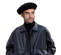 JH JOEJERRY Wool Black Beret Cap Men Large French Beret Hats for Women Stainless Steel Beaded Hat Punk Accessories, Black Pu, 7 1/4-7 1/2