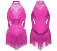 Jhaoyu Big Girls Tassel Hem Latin Dance Dress Leotard Sleeveless Jazz Salsa Tango Ballroom Costume for Competition Hot Pink 9-10 Years