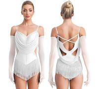 Jhaoyu Fringed Leotard for Women Rhinestones Latin Dance Bodysuit Tassel Jazz Dancing Costume with Gloves Ivory M