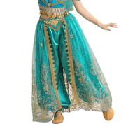 Jhaoyu Girls Belly Dance Harem Pants Ruffle Bloomers Dancing Bottoms Tribal Arabic Halloween Trousers A Peacock Blue 9-10 Years