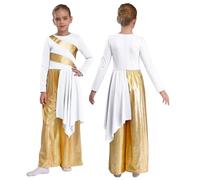 Jhaoyu Girls' Liturgical Praise Dance Bodysuit Overlay Dress Pants Color Block Wide-Leg Jumpsuit Church Robe White 7-8 Years