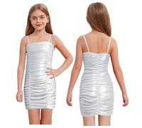 Jhaoyu Girls Sparkly Bodycon Dress Sleeveless Ruched Short Pencil Dresses for Wedding Pageant Rave Party Clothes Silver 7-8 Years