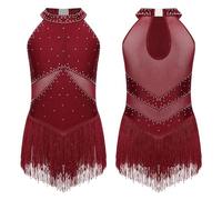 Jhaoyu Girls Tassel Hem Latin Dance Dress Sequins Ballroom Costume Fringed Bodysuit Tango Rumba Ballet Leotard Burgundy Fringed Leotard 13-14 Years