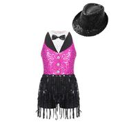Jhaoyu Girls Tassel Hem Latin Dance Leotard Dress Sequins Ballroom Tango Costume Fringed Bodysuit with Hat Hot Pink&Black 15-16 Years