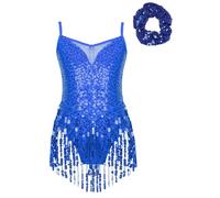 Jhaoyu Girls Tassel Hem Latin Dance Leotard Dress Sequins Ballroom Tango Costume Fringed Bodysuit with Hair Tie Royal Blue 9-10 Years