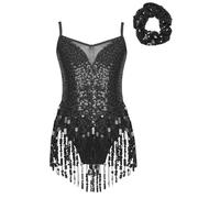 Jhaoyu Girls Tassel Hem Latin Dance Leotard Dress Sequins Ballroom Tango Costume Fringed Bodysuit with Hair Tie Black 11-12 Years